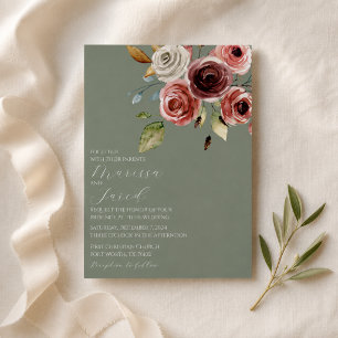 Invitación de boda floral en verde salvia y rosa p