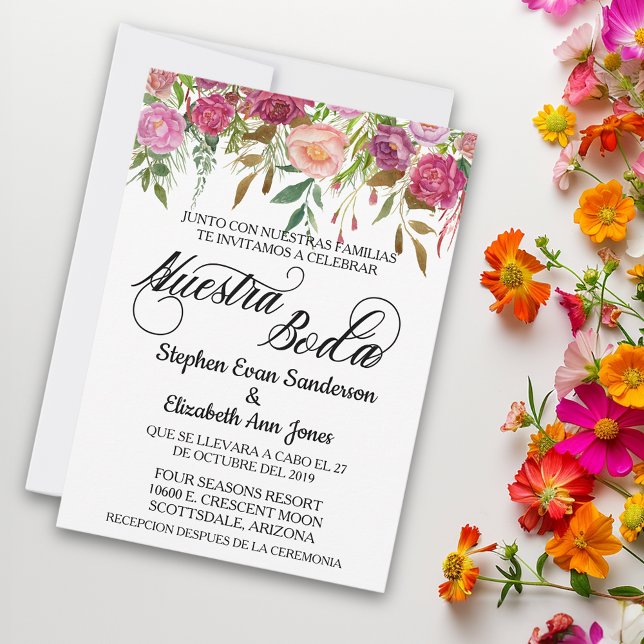 Invitación de Boda Floral Española Rosa Fuschia (Subido por el creador)