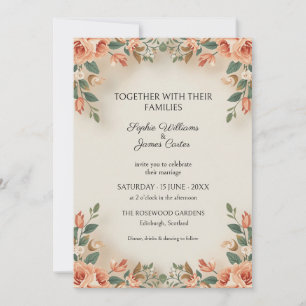 Invitación de boda floral folk melocotón coral