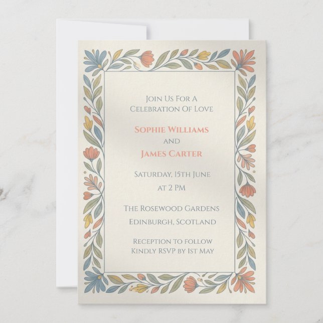 Invitación de boda floral folk pastel (Anverso)