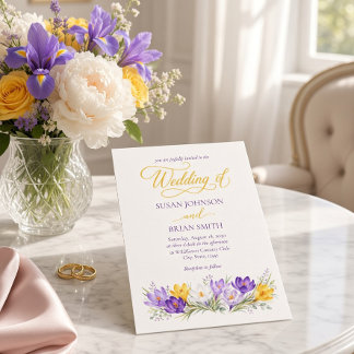 Invitación de Boda Floral Foto Crocus Amarillo Púr