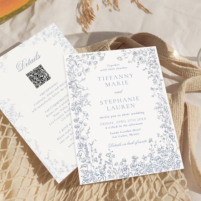 Invitación de boda floral francesa azul elegante (Subido por el creador)