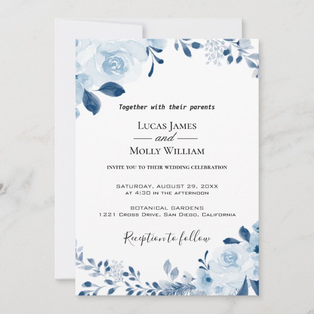 Invitación de boda floral francesa azul moderna (Anverso)
