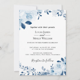 Invitación de boda floral francesa azul moderna