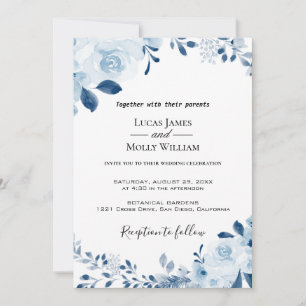 Invitación de boda floral francesa azul moderna