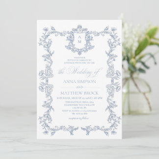 Invitación de boda floral francesa azul polvorient