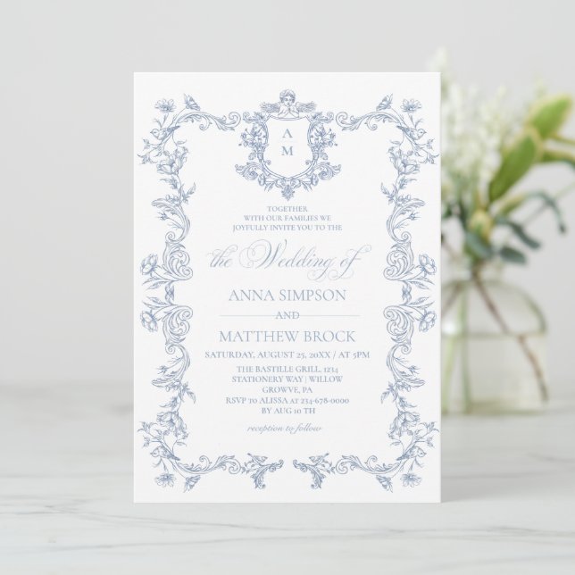 Invitación de boda floral francesa azul polvorient (Anverso de pie)