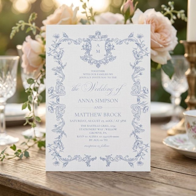 Invitación de boda floral francesa azul polvorient (Subido por el creador)