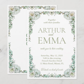 Invitación de boda floral francesa verde salvia to
