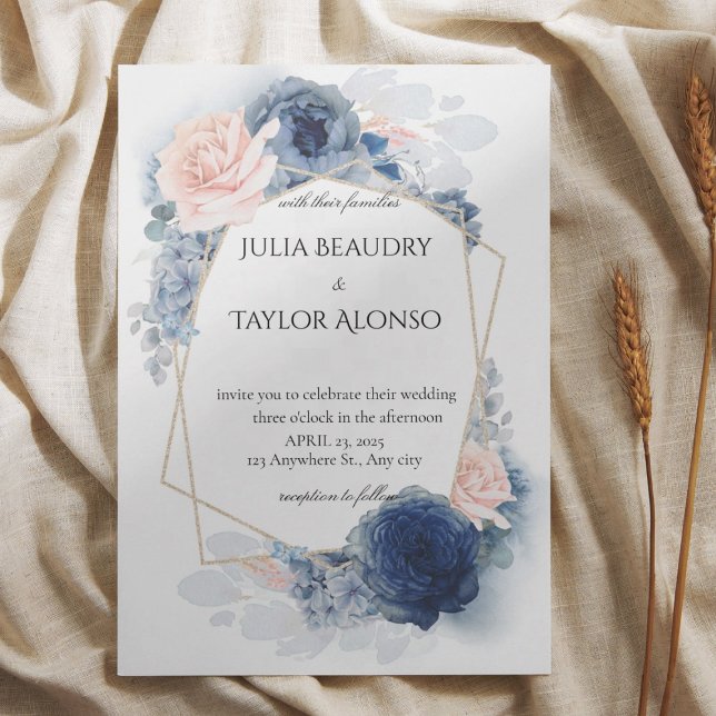 Invitación de boda floral geométrica azul marino (Subido por el creador)