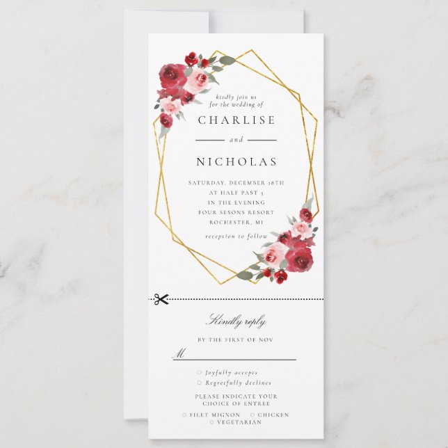 invitación de boda floral geométrica de oro con rs (Anverso)