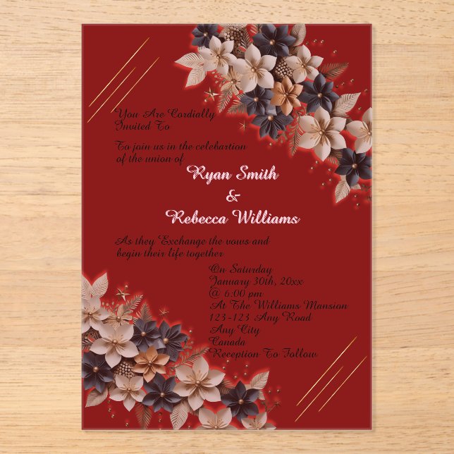 Invitación de Boda Floral Geométrica Roja (Anverso)