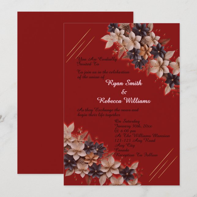 Invitación de Boda Floral Geométrica Roja (Anverso / Reverso)