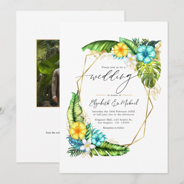 Invitación de Boda Floral Geométrica Tropical con  (Anverso / Reverso)