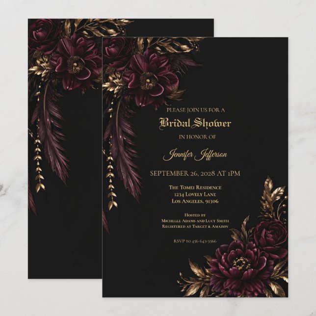 invitación de boda floral gótica de Borgoña (Anverso / Reverso)