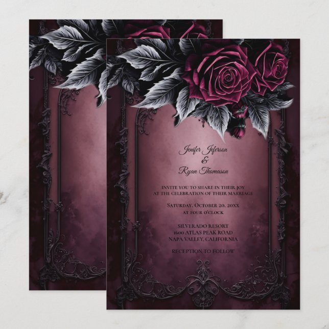 Invitación de boda floral gótica romántica oscura (Anverso / Reverso)