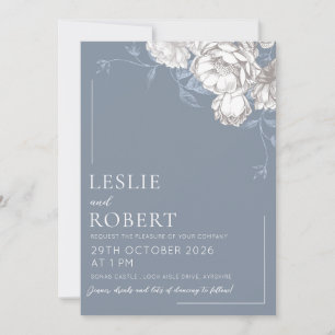 Invitación de boda floral grabada azul blanco y gr