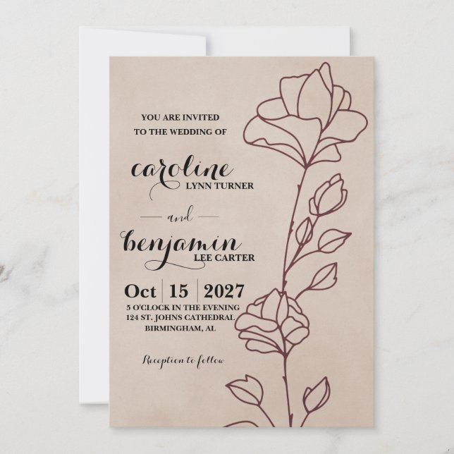Invitación de boda floral granate elegante (Anverso)