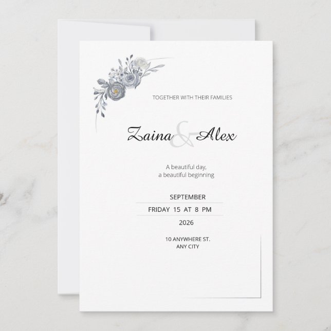 Invitación de boda floral gris elegante (Anverso)
