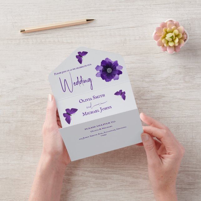 Invitación de boda floral gris morado todo en uno (Video)
