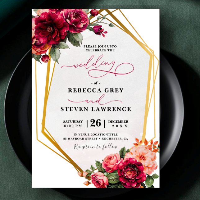 Invitación de boda floral gris roja chic (Subido por el creador)