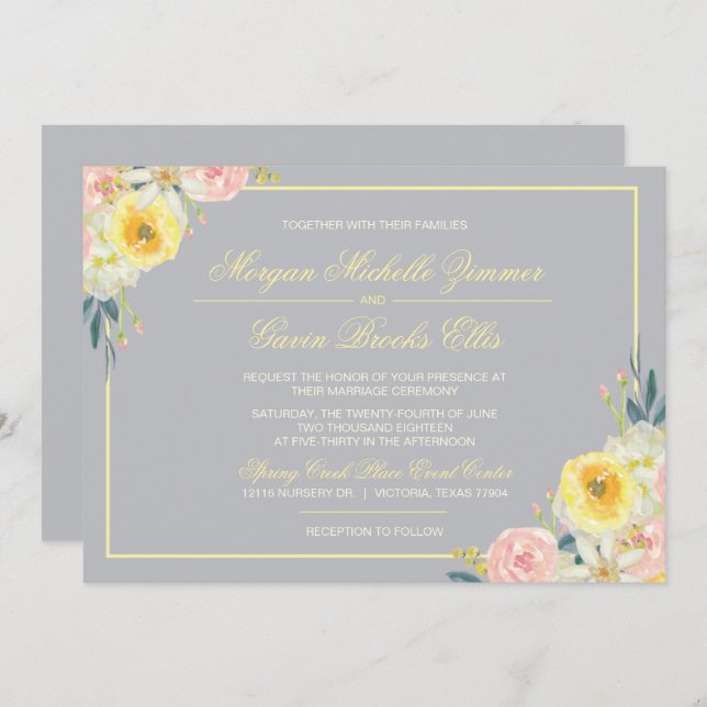 Invitación de boda floral gris y amarillo (Anverso / Reverso)