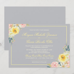Invitación de boda floral gris y amarillo