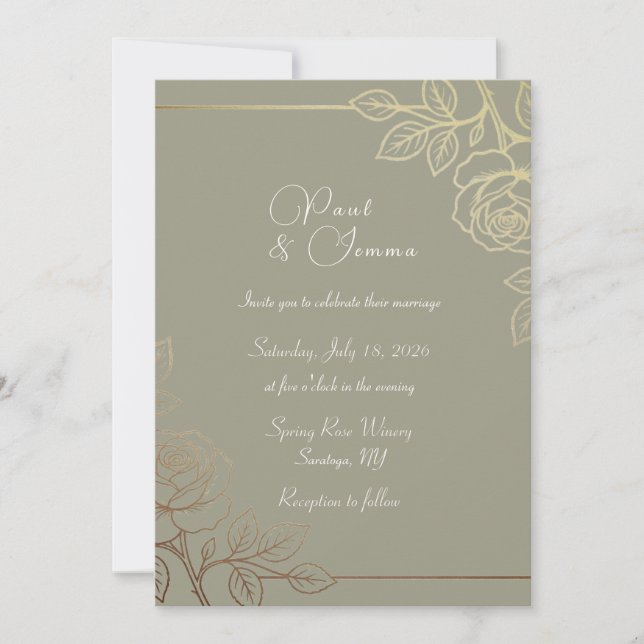Invitación de boda floral gris y dorado (Anverso)