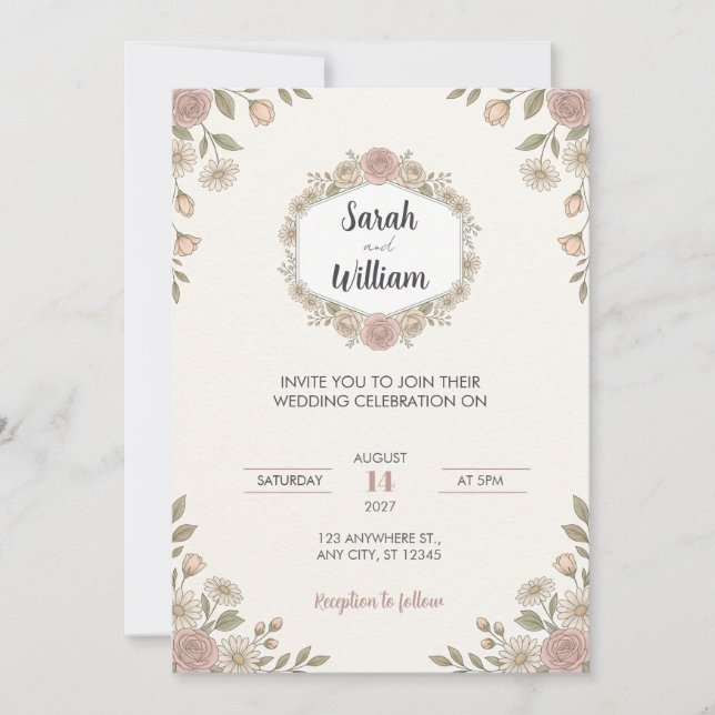 Invitación de boda floral hexagonal rosa rosada ru (Anverso)