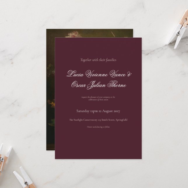 Invitación de boda floral holandesa de Burdeos mal (Anverso/Reverso In Situ)