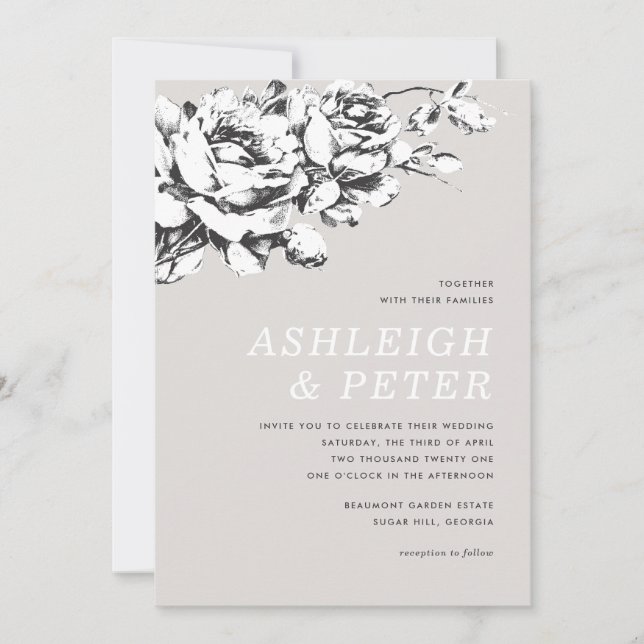 Invitación de boda floral La Vie en Rose - Gris (Anverso)