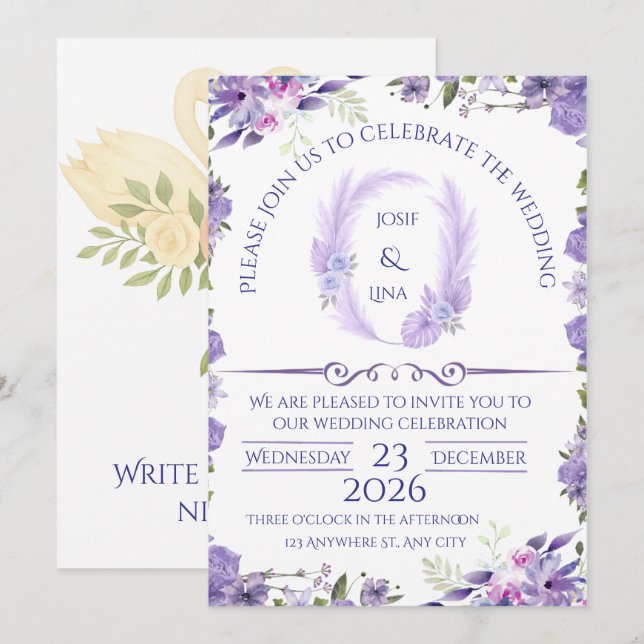 Invitación de boda floral lavanda elegante (Anverso / Reverso)