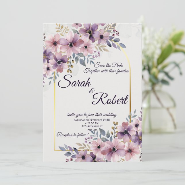 Invitación de boda floral Lavanda Rubor (Anverso de pie)