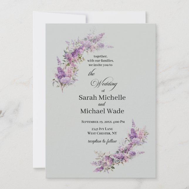 Invitación de boda floral lila (Anverso)