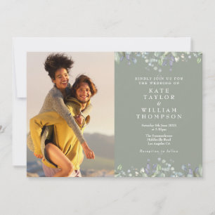 Invitación de Boda Floral Lila Verde Menta Foto Gr