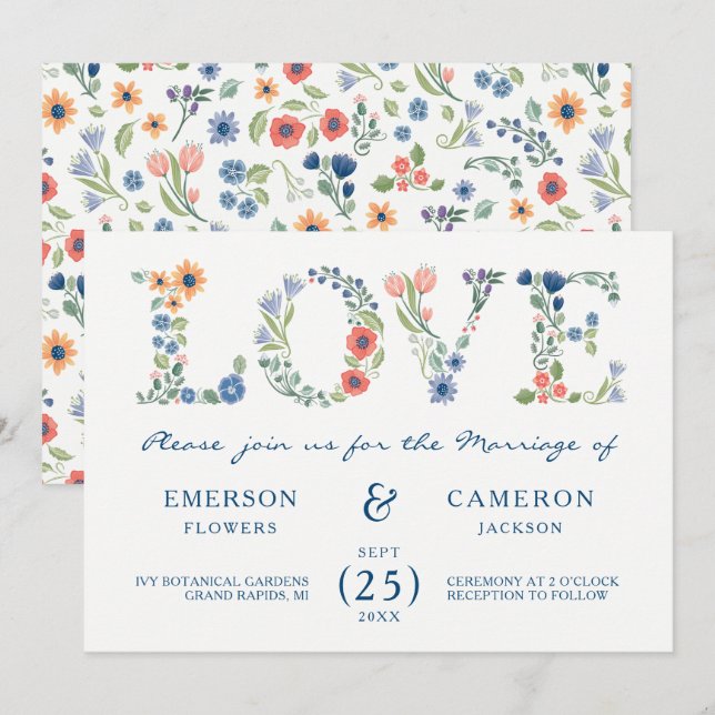 Invitación de Boda Floral LOVE (Anverso / Reverso)