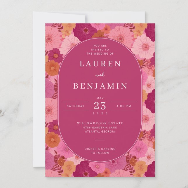 Invitación de boda floral magenta alegre (Anverso)