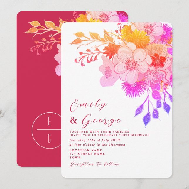 Invitación de boda floral magenta rosa (Anverso / Reverso)