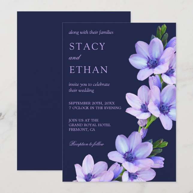 Invitación de boda floral malva con flores púrpura (Anverso / Reverso)