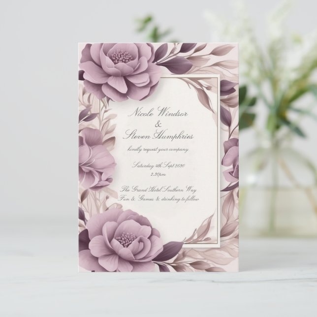Invitación de boda floral malva Juntos para siempr (Anverso de pie)