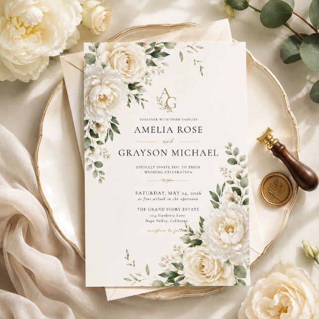 Invitación de boda floral marfil atemporal (Subido por el creador)