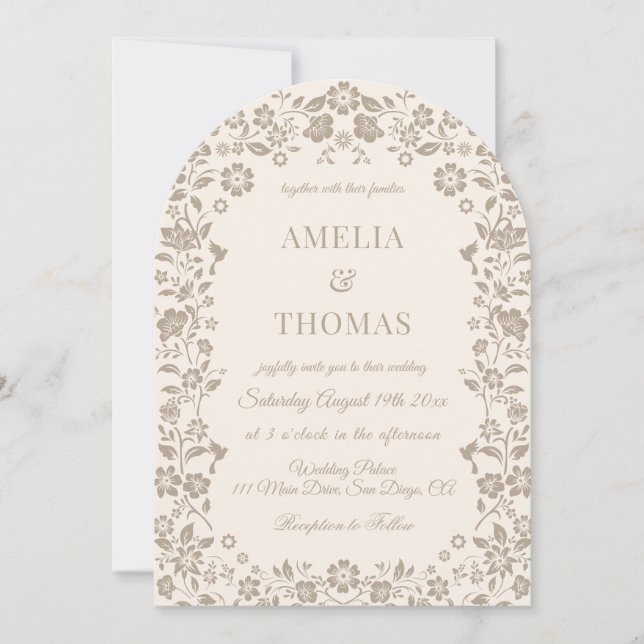 Invitación de boda floral marfil beige (Anverso)