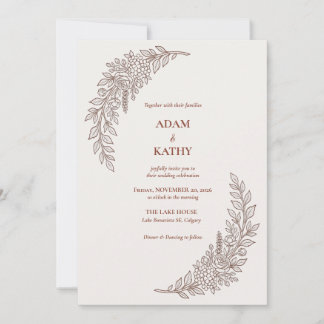 Invitación de boda floral marrón de luna creciente
