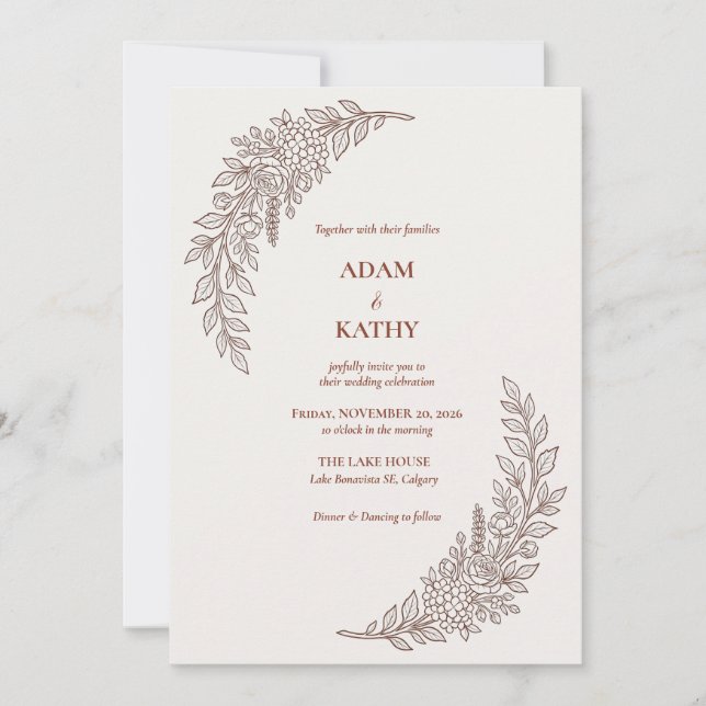 Invitación de boda floral marrón de luna creciente (Anverso)