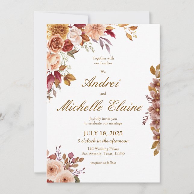 Invitación de boda floral marrón elegante (Anverso)