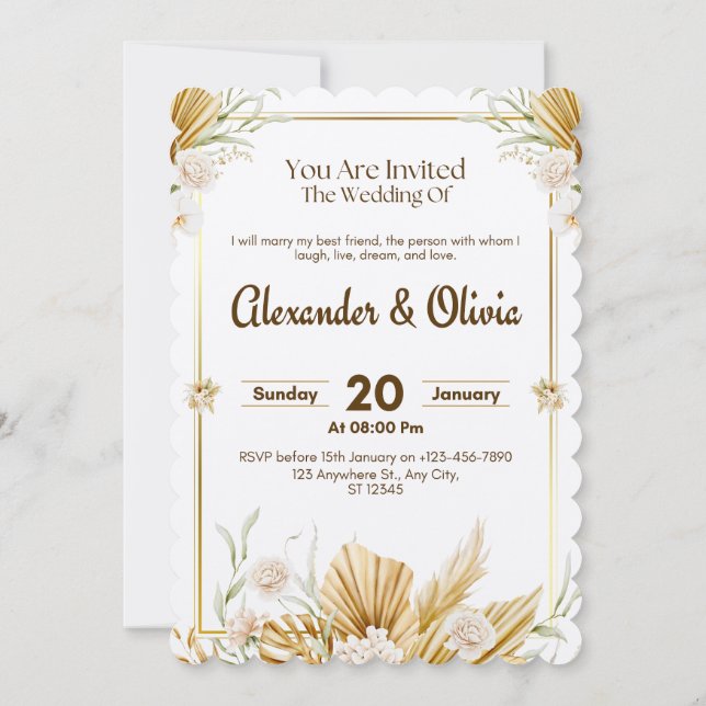 Invitación de Boda Floral Marrón y Beige Elegante (Reverso)