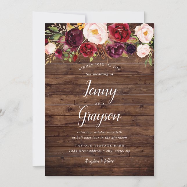 Invitación de boda floral Marsala de madera rústic (Anverso)
