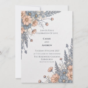 Invitación de boda floral melocotón azul