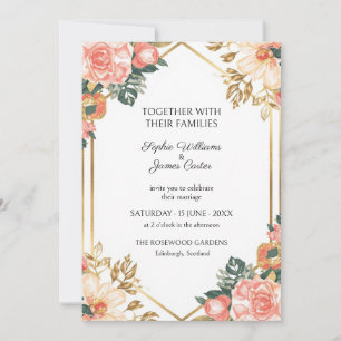 Invitación de boda floral melocotón coral dorado