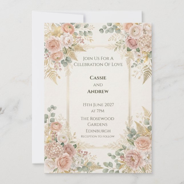 Invitación de boda floral melocotón pastel (Anverso)